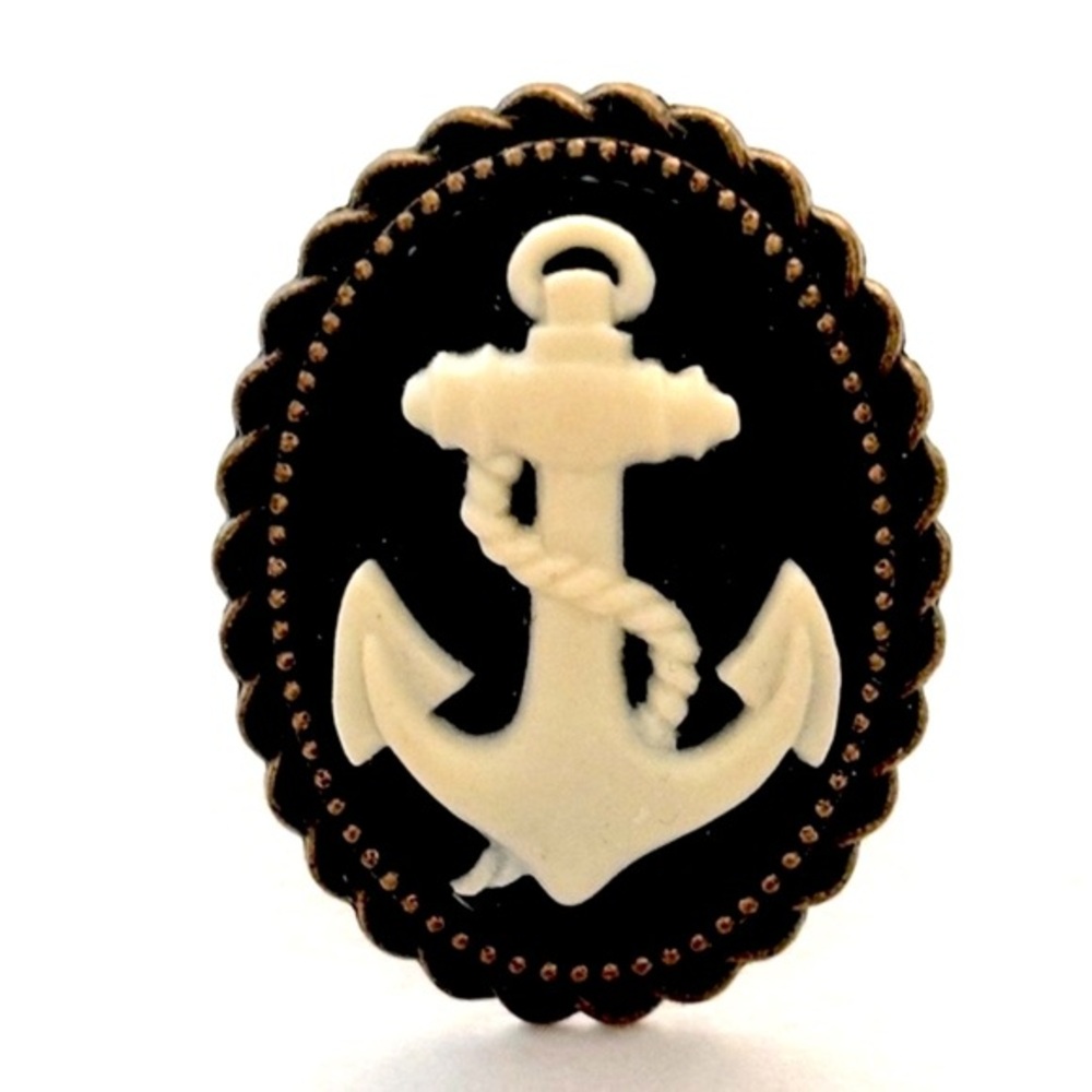 Black and White Anchor Cameo Adjustable Ring, NWT, Handmade, Unworn